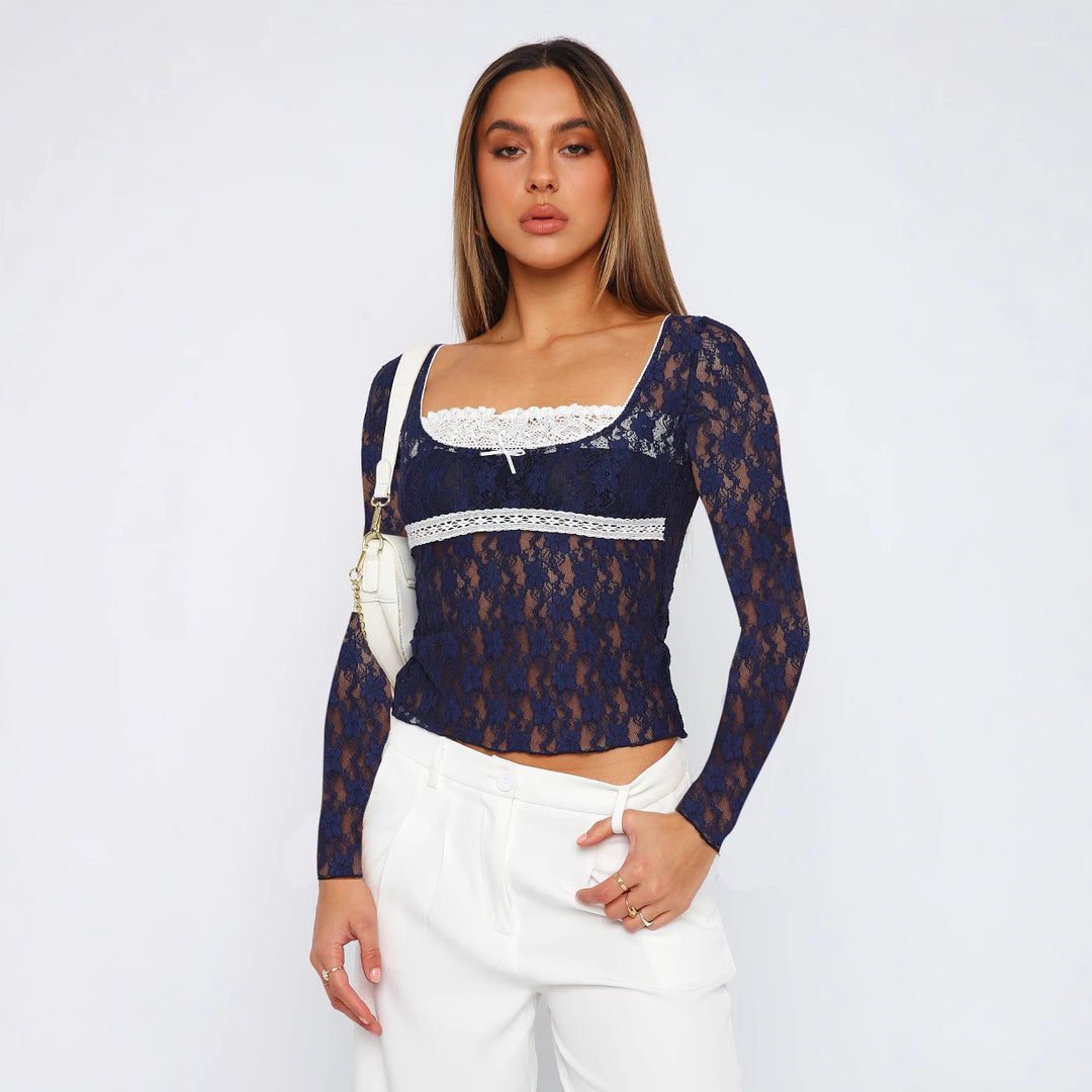 Damen Spitzenoberteil mit eleganten langen Ärmeln und raffiniertem Schnitt EB
