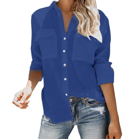 Damen leichte Sommerbluse mit zwei Brusttaschen und aufgerollten Ärmeln EB