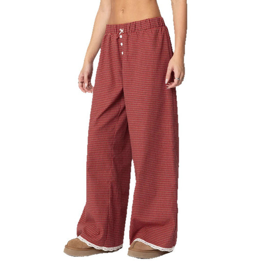 Damen Weit geschnittene Karohose mit Spitzendetails EB