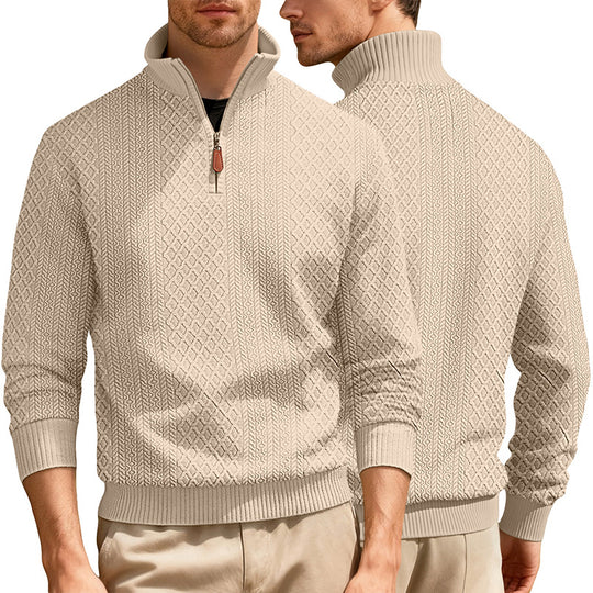 Herren nan feinstrukturierter Halbzip-Pullover im Jacquard-Relief mit hohem Stehkragen und Leder-Zipper EB