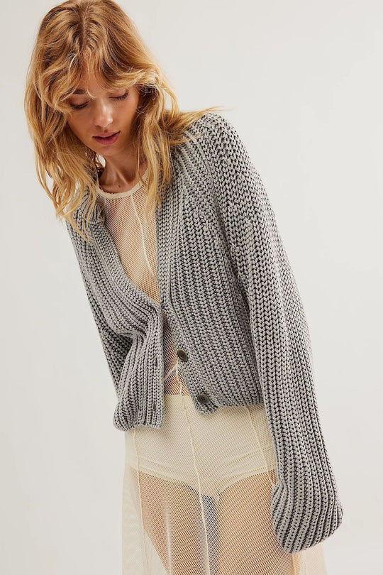 Damen lässige Strickjacke mit dekorativem Knopfverschluss und voluminösen Ärmeln EB