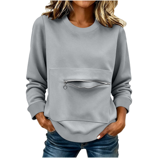 Damen nan locker geschnittenes Sweatshirt mit Frontreißverschlusstasche und Rundhalsausschnitt EB
