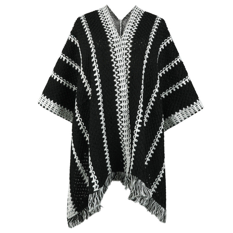 Damen Strickponcho mit V-Ausschnitt und Fransen EB