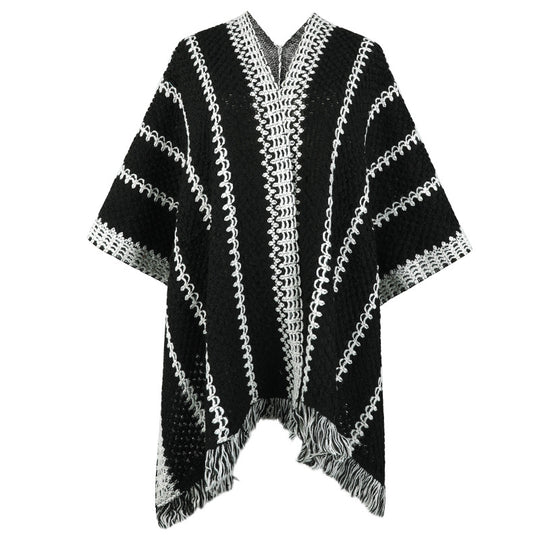 Damen Strickponcho mit V-Ausschnitt und Fransen EB