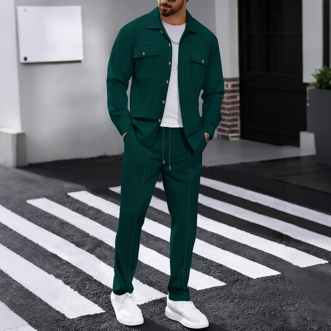 Herren nan relaxter Waffelpiqué Zweiteiler mit Hemdjacke und Kordelbundhose EB