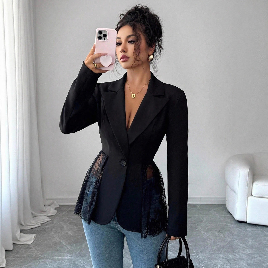 Damen nan taillierter Blazer mit Spitzenbesatz und tiefem V-Ausschnitt EB