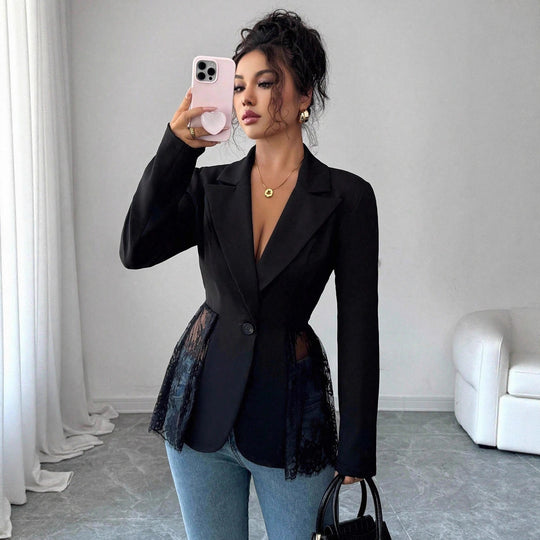 Damen nan taillierter Blazer mit Spitzenbesatz und tiefem V-Ausschnitt EB