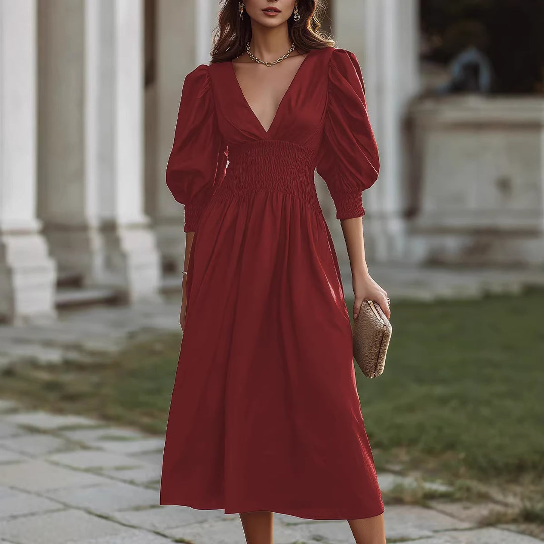Damen Maxikleid mit schmaler Taille und Puffärmeln EB