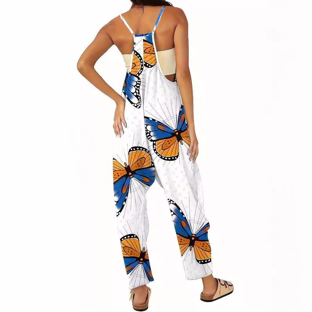 Damen Jumpsuit mit auffälligem Schmetterlingsdesign und praktischen Taschen EB