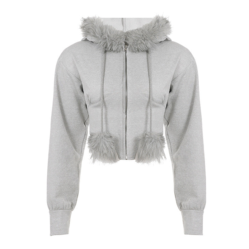 Damen nan kurzes Kapuzen‑Sweatshirt mit Kunstfellbesatz, Reißverschluss und Pompon-Kordeln EB