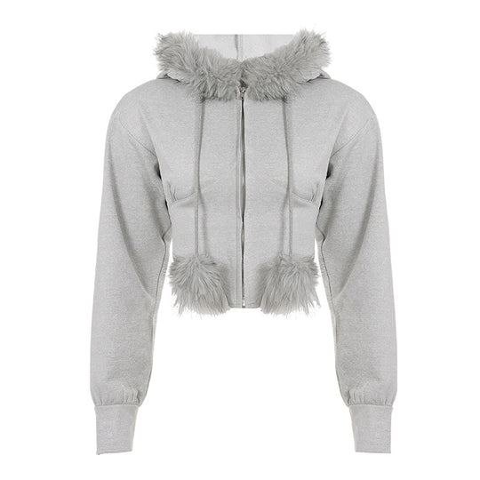 Damen nan kurzes Kapuzen‑Sweatshirt mit Kunstfellbesatz, Reißverschluss und Pompon-Kordeln EB