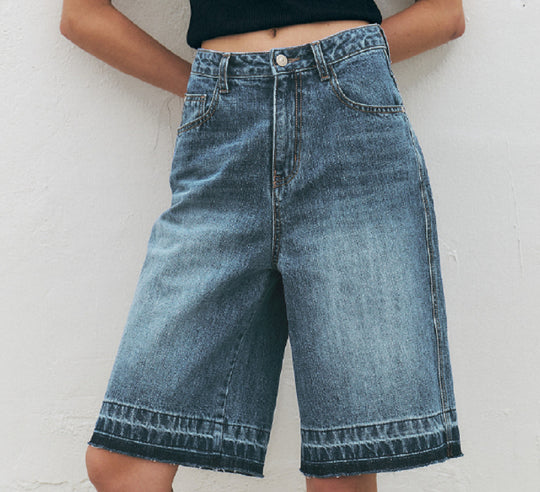 Damen Hoch taillierte Denim-Shorts mit weitem Bein und modischer Struktur EB
