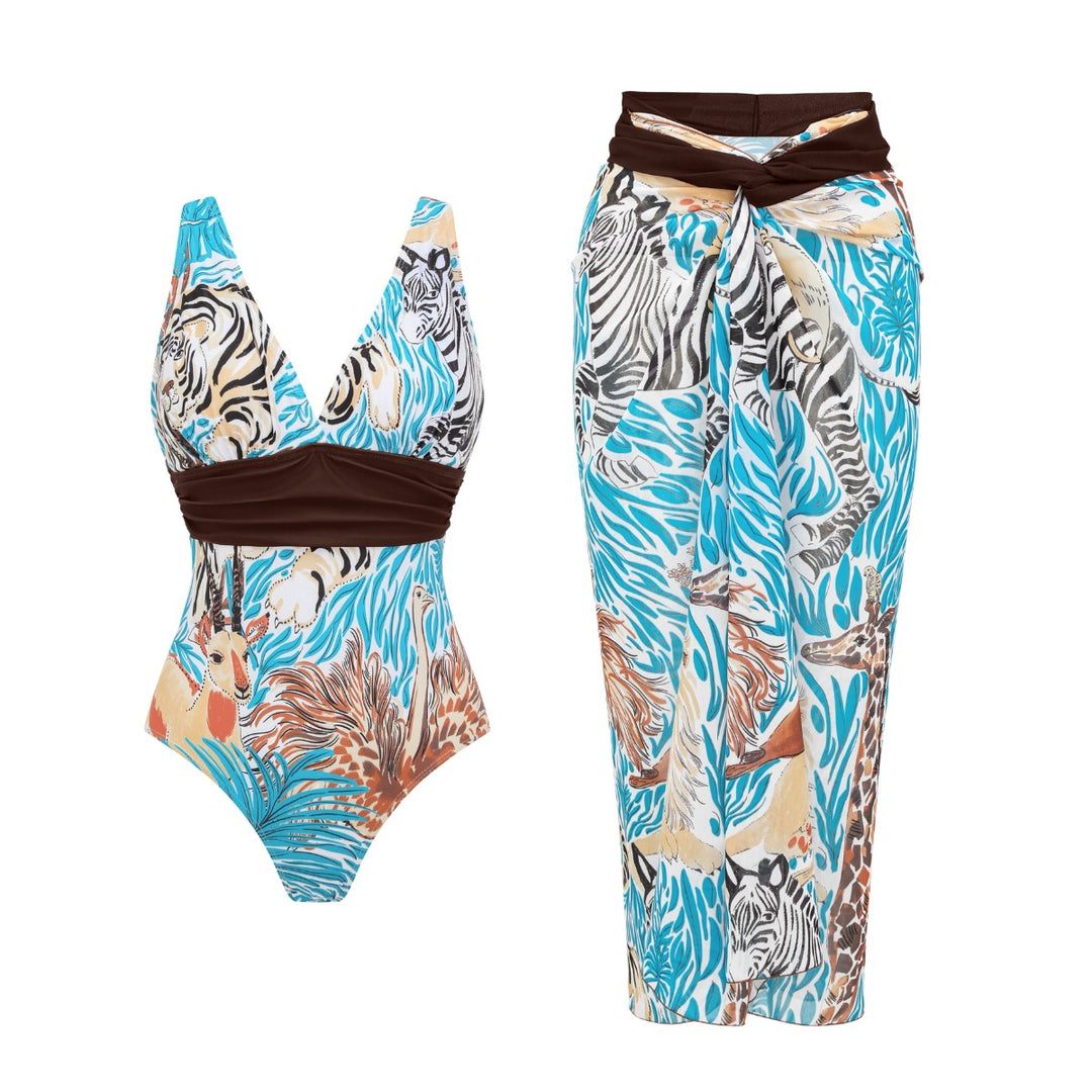 Damen Einteiler Badeanzug mit tierischem Print und eleganter Taillierung EB
