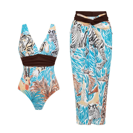 Damen Einteiler Badeanzug mit tierischem Print und eleganter Taillierung EB