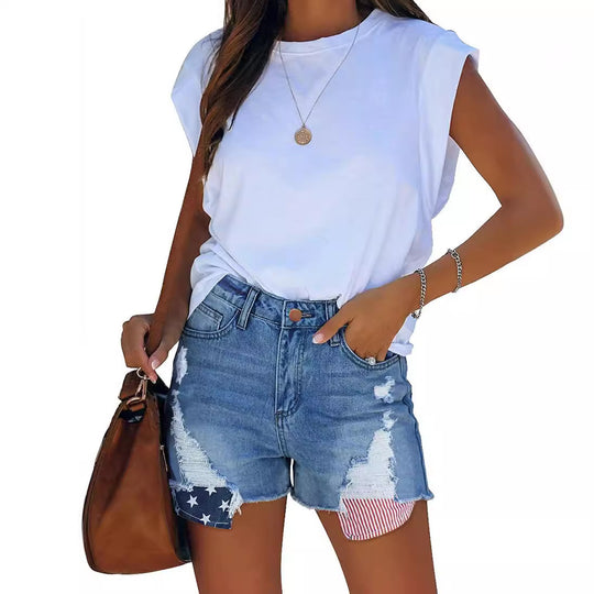 Damen Destroyed Denim-Shorts mit kreativen Patch-Details EB
