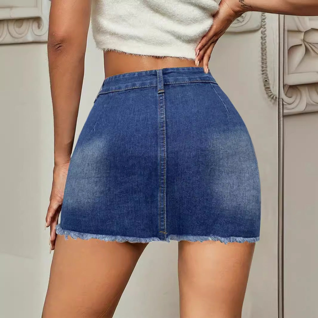 Damen Jeansrock im Knopfdruck-Design mit Fransen EB
