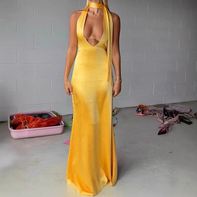 Damen Elegantes Maxikleid mit tiefem V-Ausschnitt und schmalem Bindegürtel EB