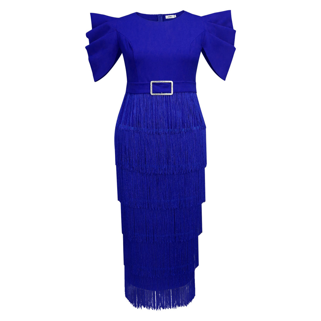 Damen Elegantes Fransen-Maxikleid mit voluminösen Puffärmeln EB