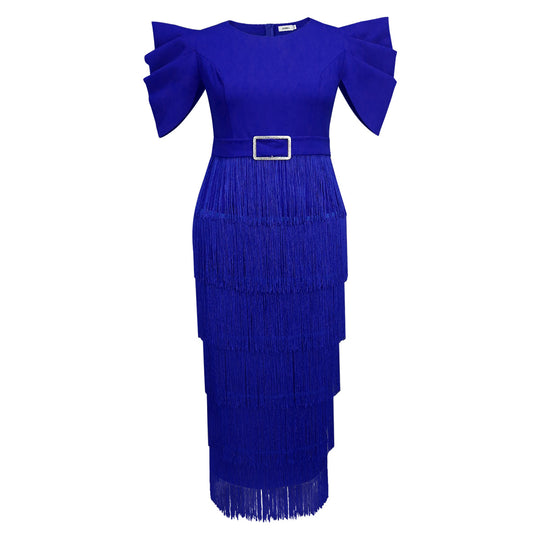 Damen Elegantes Fransen-Maxikleid mit voluminösen Puffärmeln EB