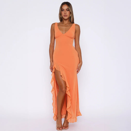 Damen Maxikleid mit tiefem Schlitz und eleganten Rüschendetails EB