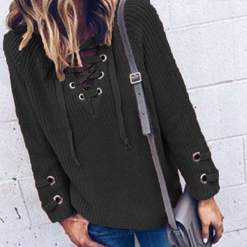 Damen Strickpullover mit dekorativem Schnürdesign und komfortablem Schnitt EB