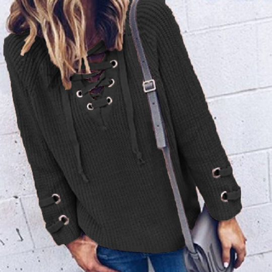 Damen Strickpullover mit dekorativem Schnürdesign und komfortablem Schnitt EB