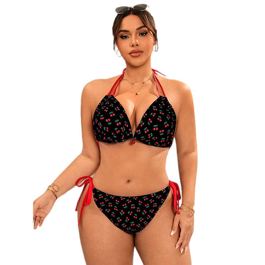 Damen Triangel-Bikini mit verstellbaren Bindebändern und fröhlichem Kirschmuster EB