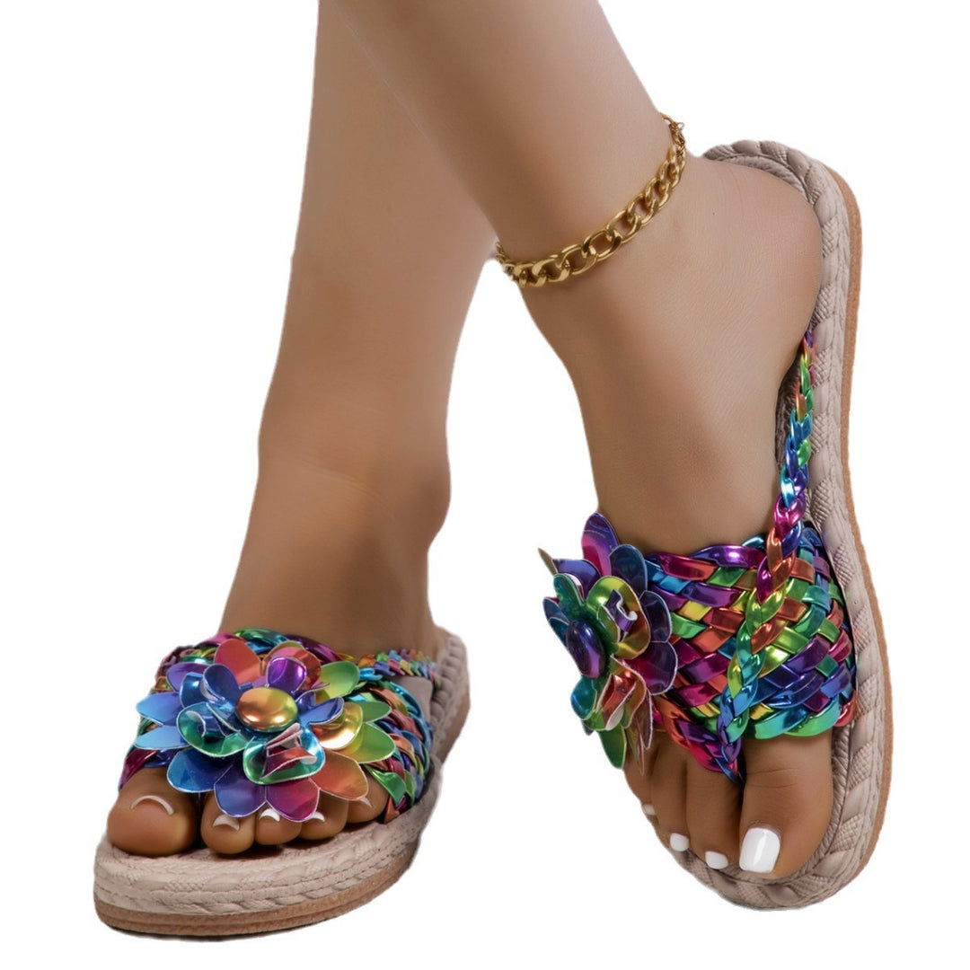 Damen Geflochtene Zehentrenner‑Sandalen mit XXL‑Blütenapplikation und gepolstertem Komfortfußbett EB
