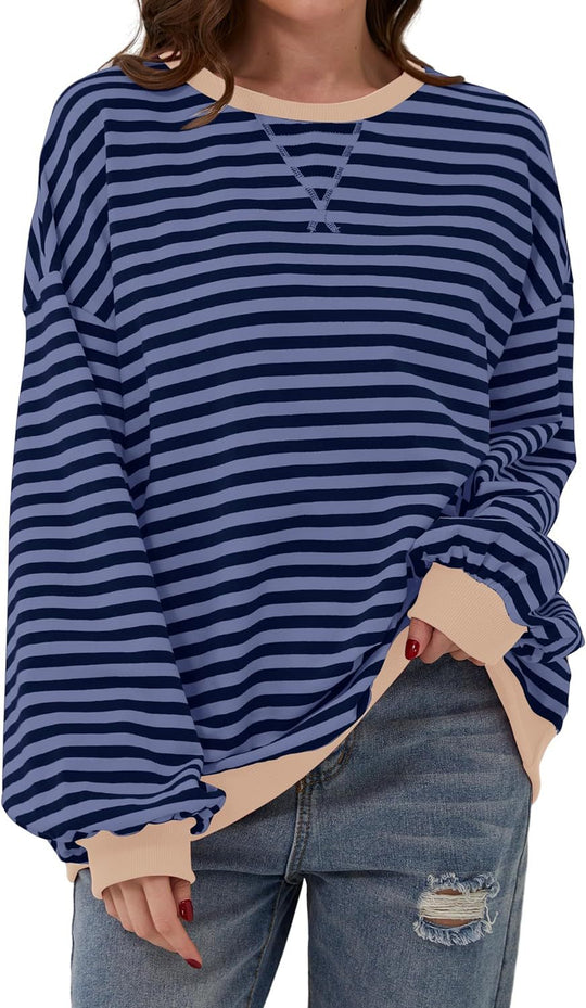 Damen lässiger Oversized Sweatshirt mit bunten Streifen und Kapuzenkordel EB