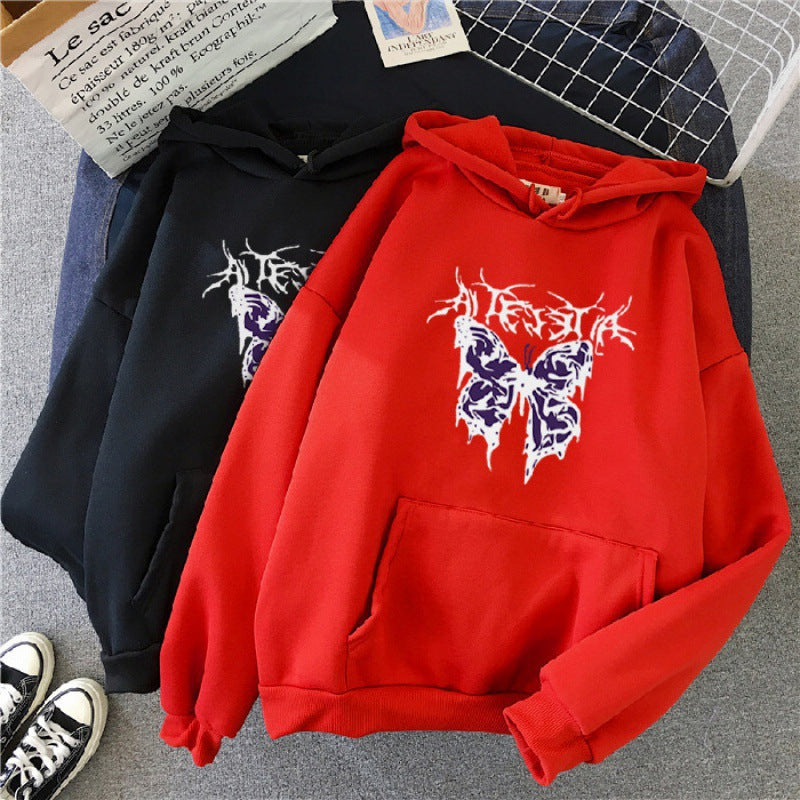 Damen nan Oversize-Kapuzenpullover mit gothischer Schmetterlings-Illustration und Kängurutasche EB