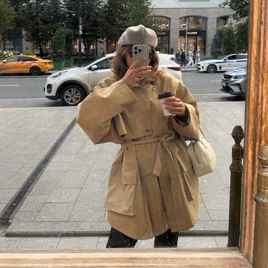Damen Oversized Utility-Jacke mit Gürtel und großen Taschen EB