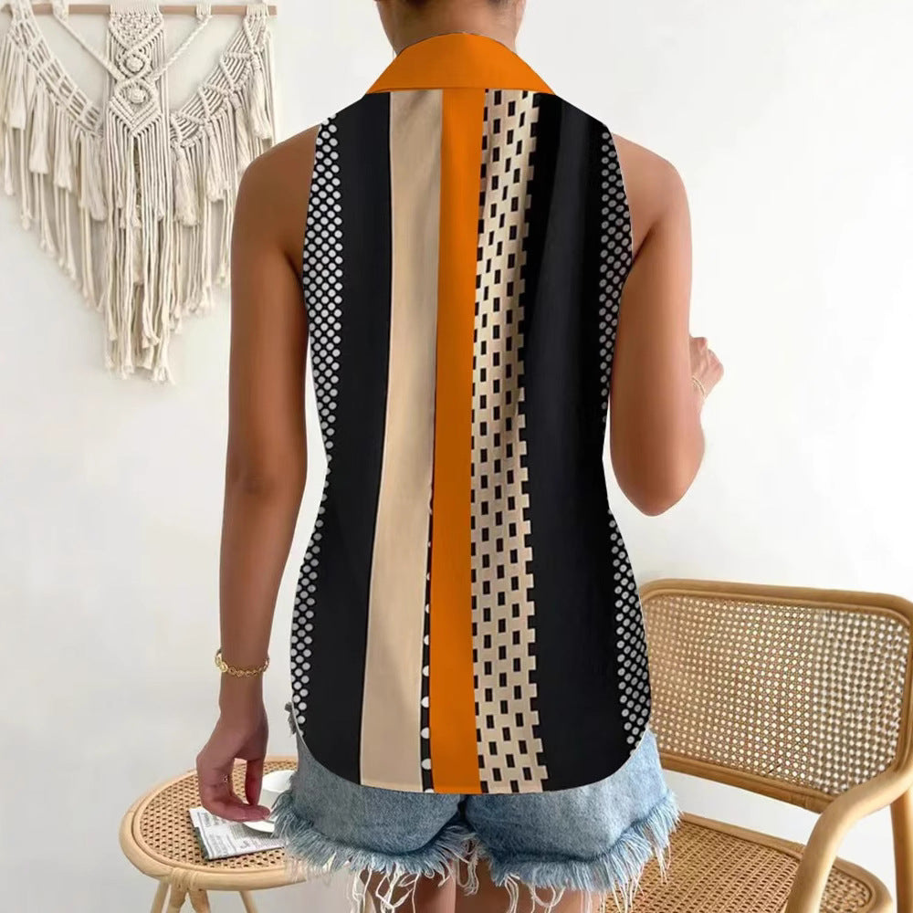 Damen nan ärmelloses Blusen-Top mit Hemdkragen, durchgehender Knopfleiste und asymmetrischem Paneelprint EB