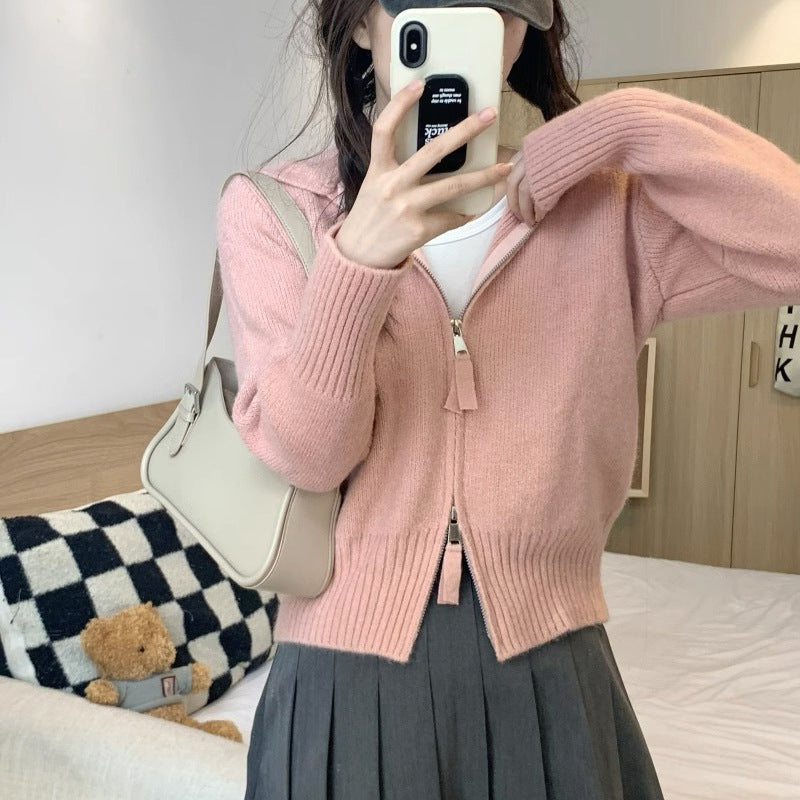 Damen Strickjacke mit hohem Kragen und Reißverschluss EB