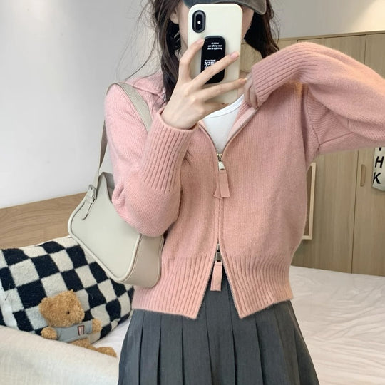 Damen Strickjacke mit hohem Kragen und Reißverschluss EB