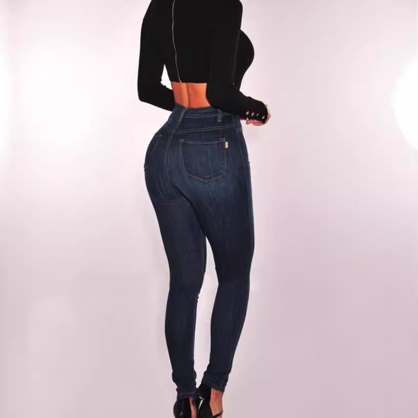 Damen nan hochgeschnittene Skinny-Jeans mit sichtbarer Knopfleiste und figurformendem Stretch EB