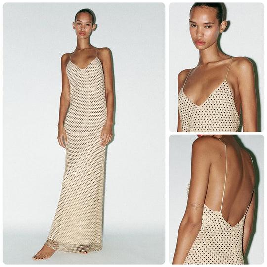 Damen Elegantes Maxikleid mit raffinierten Netzdetails und schmalen Spaghettiträgern EB