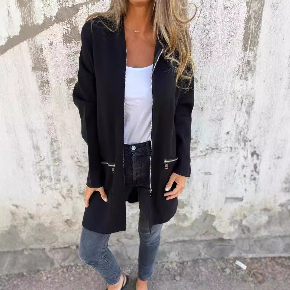 Damen Elegante Strickjacke mit Reißverschluss und Taschen EB
