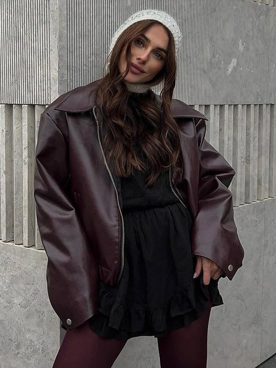 Damen Lässige Kunstlederjacke mit oversized Schnitt und praktischen Taschen EB