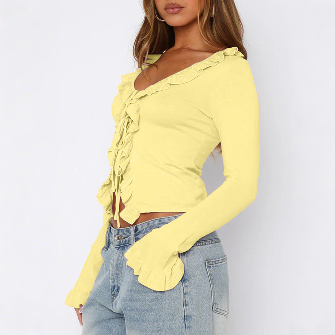 Damen nan tailliertes Rüschen-Feinstrick-Cardigan mit Bindeband, V-Ausschnitt und Volantärmeln EB