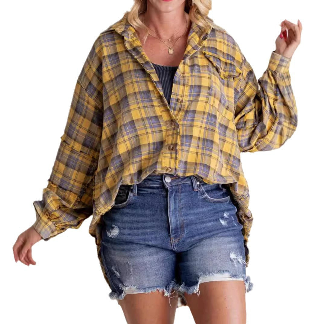 Damen nan oversized Karo-Überhemd mit Fransenbesatz, Brusttaschen und lockerer Passform EB