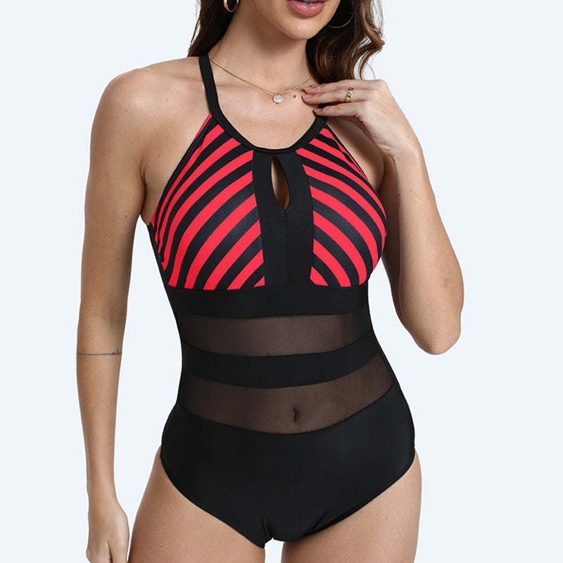 Damen Sportlicher Einteiler Badeanzug mit Netzdetails EB