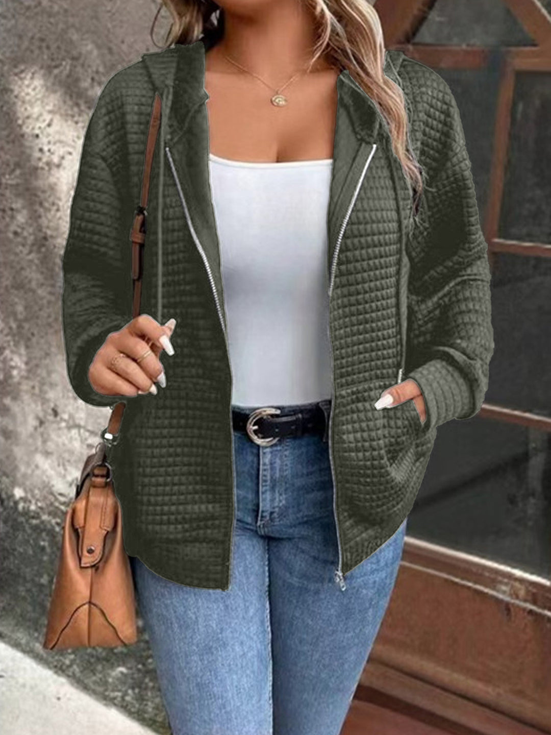 Damen Kapuzenjacke mit strukturiertem Waffelmuster und praktischem Reißverschluss EB