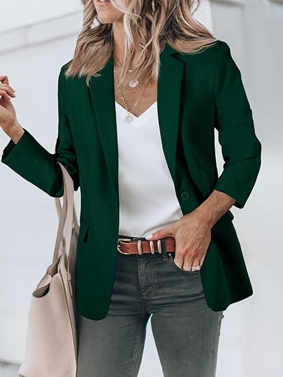Damen Leichter Stretch-Blazer mit Schalkragen, Ein-Knopf-Verschluss und dreiviertelärmeln EB