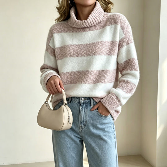 Damen Rollkragenpullover mit breiten Streifen und strukturiertem Bouclé-Strick EB