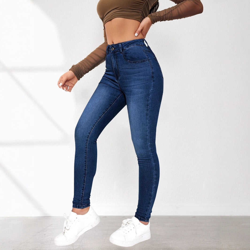 Damen High-Waist Skinny Jeans mit angedeuteten Taschen und elastischem Bund EB