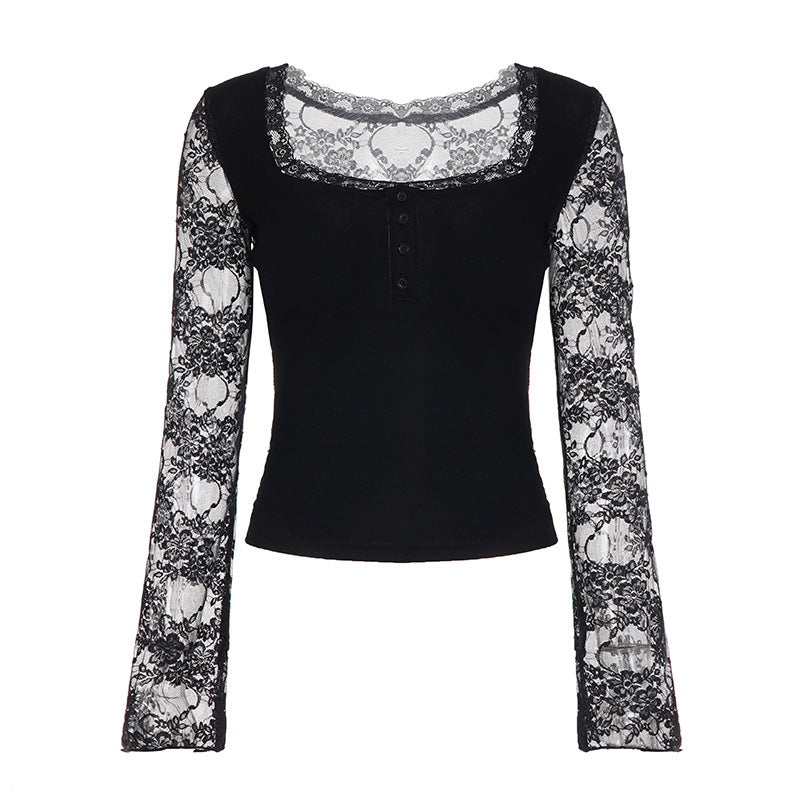 Damen Elegantes Langarmshirt mit Spitze und Knopfdetails EB