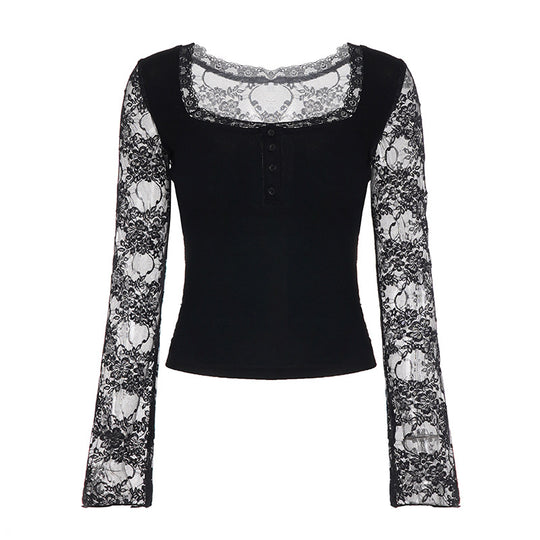 Damen Elegantes Langarmshirt mit Spitze und Knopfdetails EB