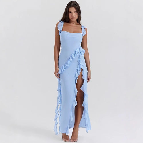 Damen asymmetrisches Maxi-Kleid mit Rüschendetails und hohem Schlitz EB