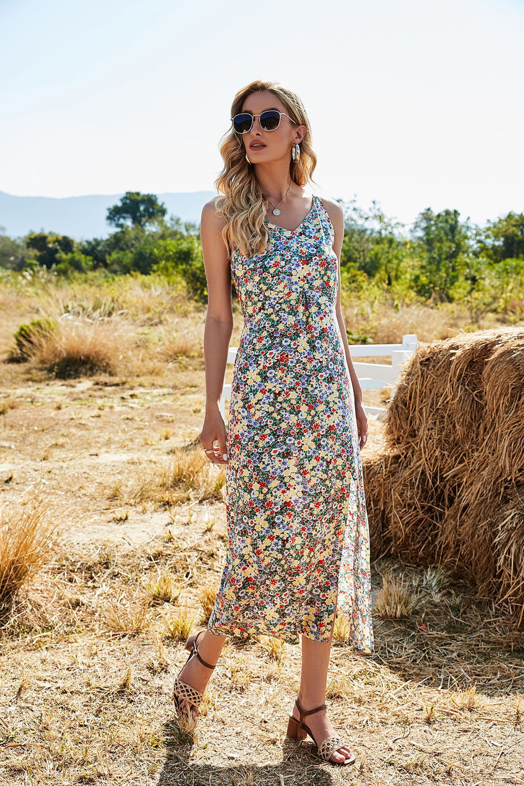 Damen Maxikleid mit floralem Muster und seitlichem Schlitz EB