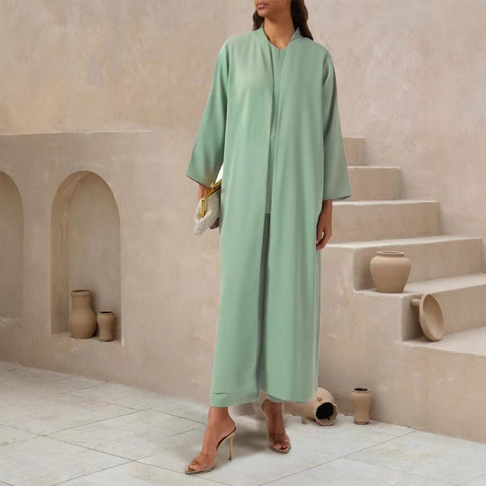 Damen Fließender Maxi-Kaftan-Mantel mit offenem Vorderteil und minimalistischem Stehkragen EB